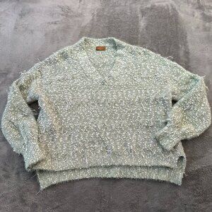 POL Green Eyelash V-Neck Sweater Women's LARGE